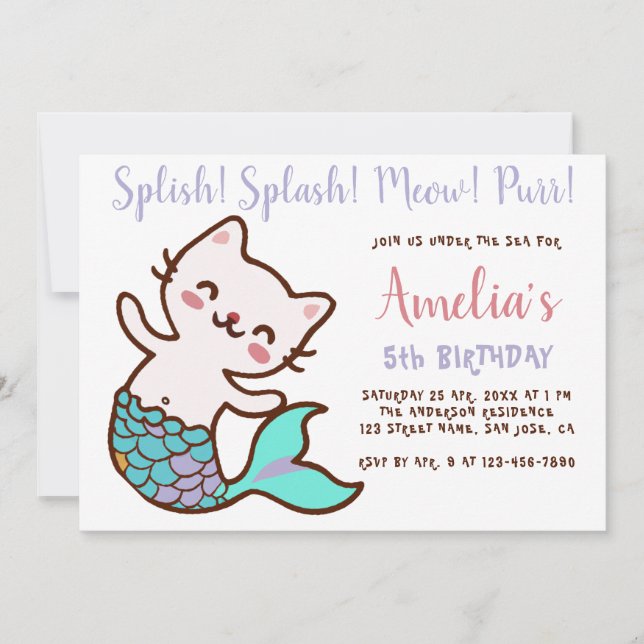 Cat Mermaid Girl Birthday Meowmaid Purrmaid Simple Invitation (Front)
