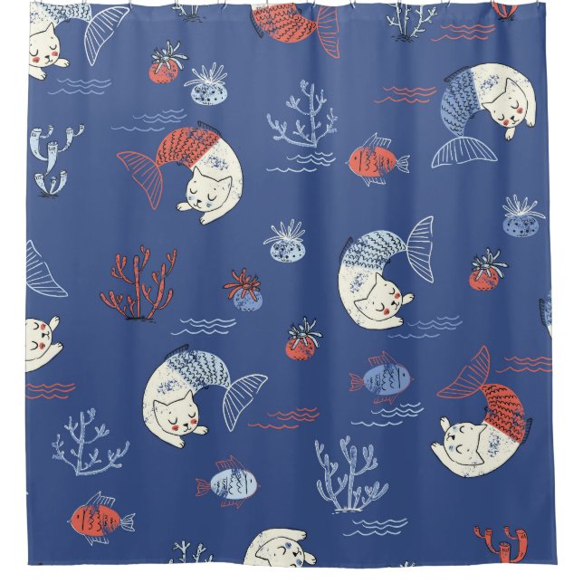 Cat mermaid, textured seamless pattern. shower curtain (Front)