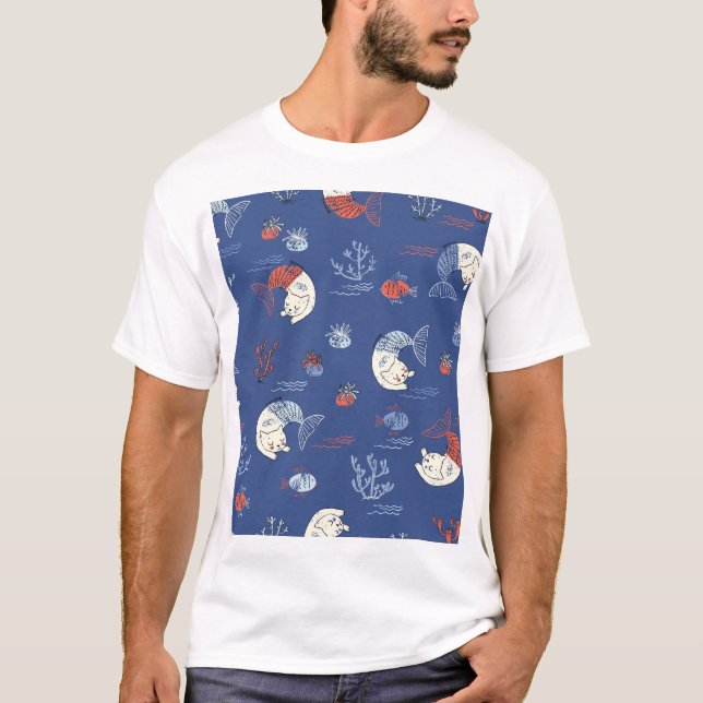Cat mermaid, textured seamless pattern. T-Shirt (Front)