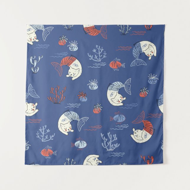 Cat mermaid, textured seamless pattern. tapestry (Front)