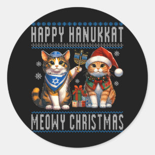 Cat Merry Christmas Happy Hanukkah Jewish Christia Classic Round Sticker