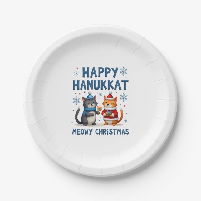 Cat Merry Christmas Happy Hanukkah Jewish Christia Paper Plate (Front)