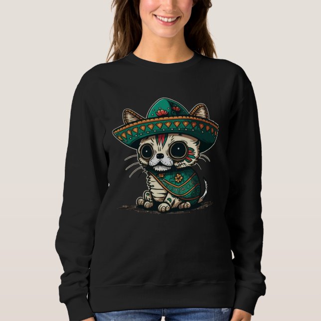 Cat Mexican Sugar Skull Sombrero Cinco De Mayo Sweatshirt (Front)