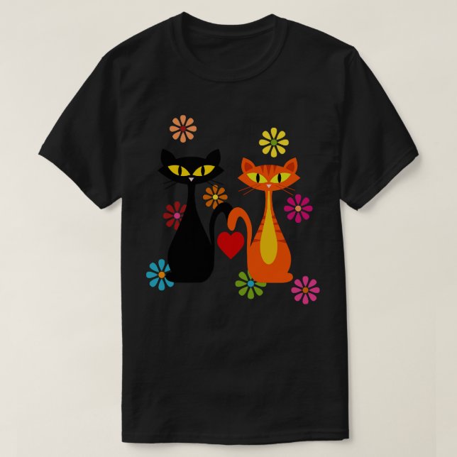 Cat Mid Century Black And Orange Cats In Love  T-Shirt (Design Front)