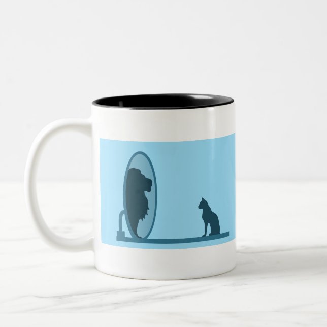 Cat Mirror Lion Reflection Confidence Motivation Two-Tone Coffee Mug (Left)