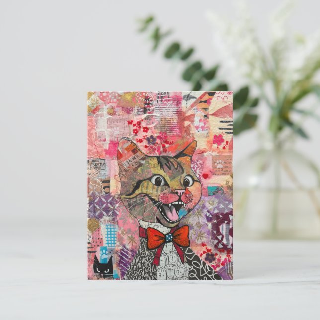 Cat Mixed Mixed Paper Collage Greeting Card (Standing Front)