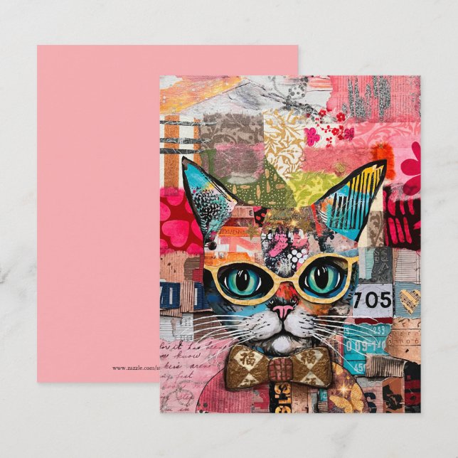 Cat Mixed Mixed Paper Collage Greeting Card (Front/Back)
