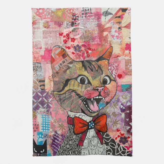 Cat Mixed Mixed Paper Collage Kitchen Towel (Vertical)
