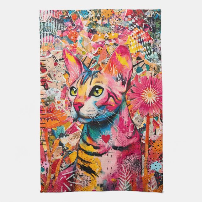 Cat Mixed Mixed Paper Collage Kitchen Towel (Vertical)