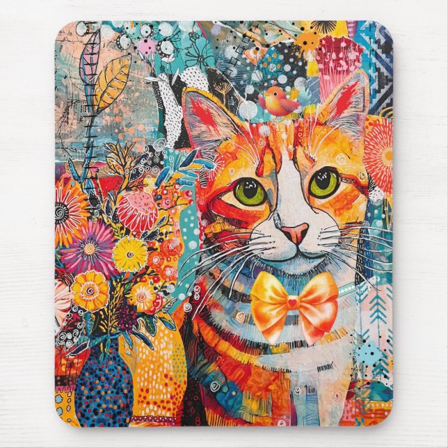 Cat Mixed Mixed Paper Collage Mouse Pad (Front)