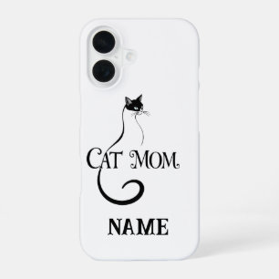 Cat Mom , Elegant Minimalist Black Cat Typography iPhone 16 Case