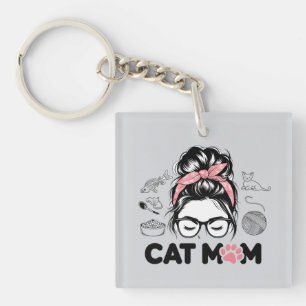 "Cat Mom" Funny Cute Cat Lover Women Key Ring