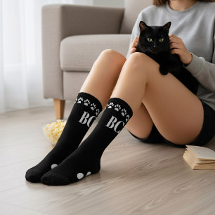 Cat Mom Monogram Black and White Paw Print Socks
