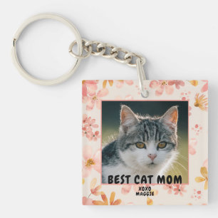 Cat Mom Pink Floral Photo  Key Ring