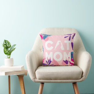 CAT MOM, Your Cat Photo, Pink Flowers & Leaves Cushion