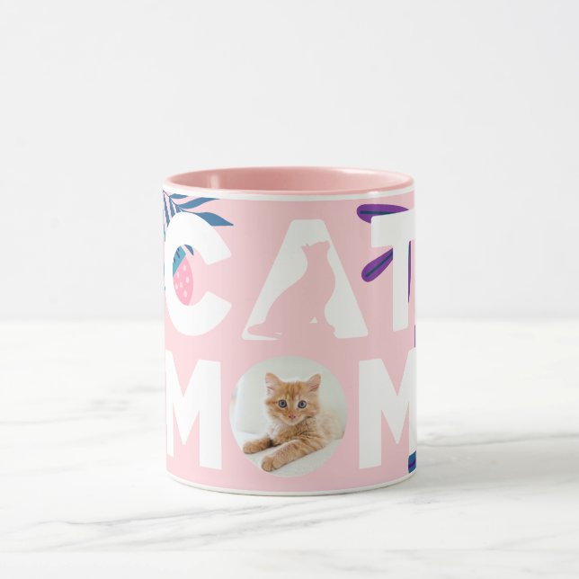 CAT MOM, Your Photo, Pink Flowers & Leaves Mug (Center)