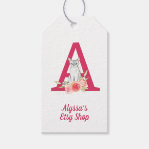 Cat Monogram and Pink Floral Bouquet Merchandise  Gift Tags