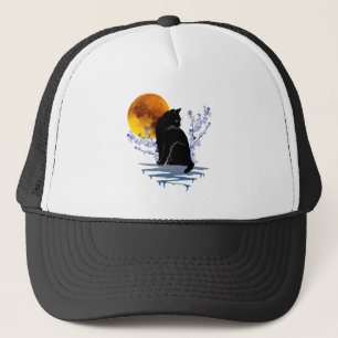 CAT MOON IN BLOSSOM FLOWER BLACK CATS LOVER TRUCKER HAT