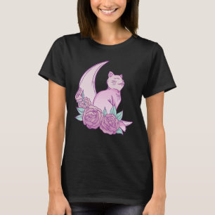 Cat Moon Roses Kitten Cute Pink Graphic T-Shirt