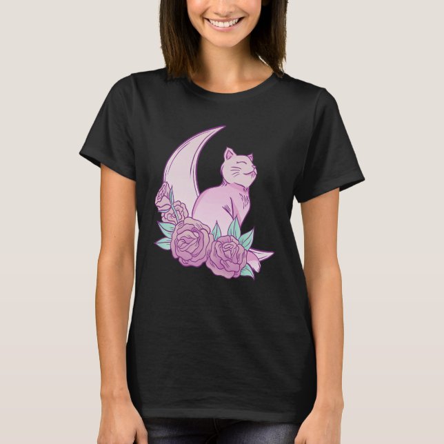 Cat Moon Roses Kitten Cute Pink Graphic T-Shirt (Front)