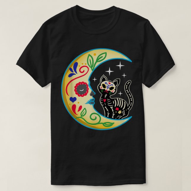 Cat & Moon Sugar Skull Dia de Los Muertos, Day of  T-Shirt (Design Front)