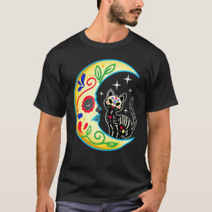 Cat & Moon Sugar Skull Dia de Los Muertos, Day of T-Shirt