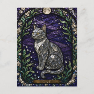 Cat Moonlit Garden Illumina Stained Glass Postcard