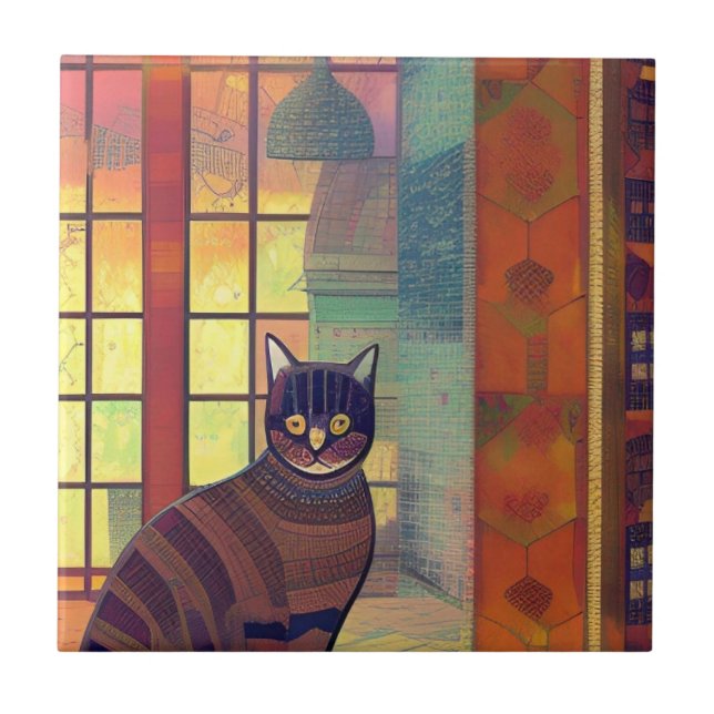 Cat moroccan mosaic abstract art brown city kitty  ceramic tile (Front)