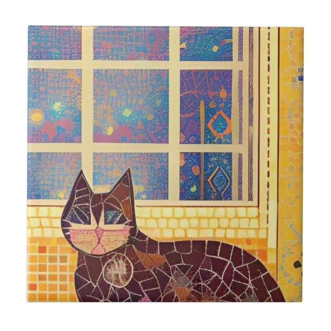 Cat moroccan mosaic abstract art brown square  ceramic tile (Front)