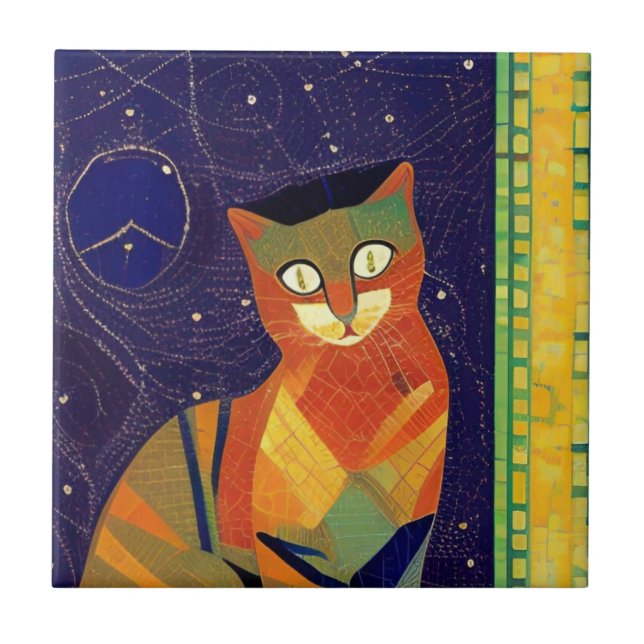 Cat moroccan mosaic abstract art colourful kitty  ceramic tile (Front)