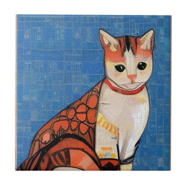 Cat moroccan mosaic abstract art ginger blue kitty ceramic tile (Front)
