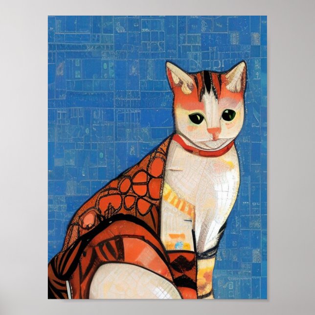 Cat moroccan mosaic abstract art ginger blue kitty poster (Front)