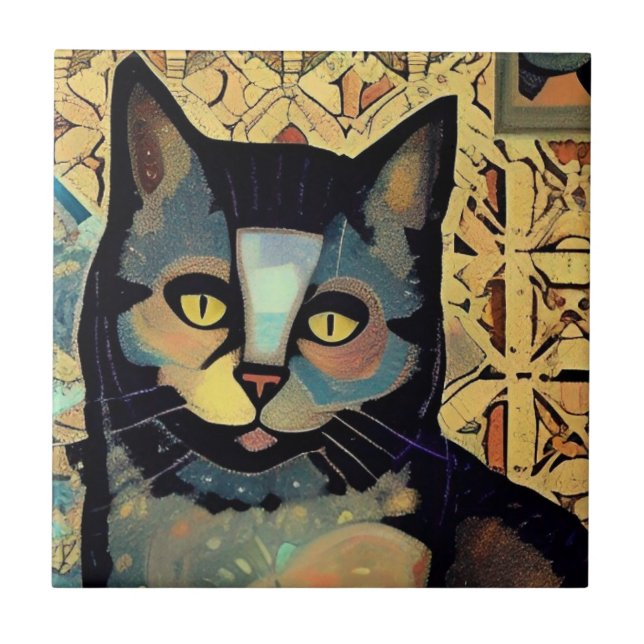Cat moroccan mosaic abstract art kitty voices ceramic tile (Front)