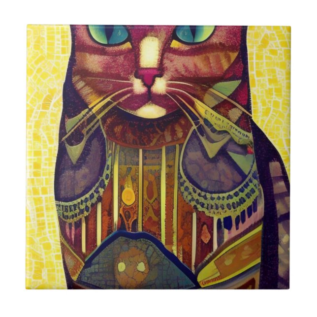 Cat moroccan mosaic abstract art patterned kitty  ceramic tile (Front)