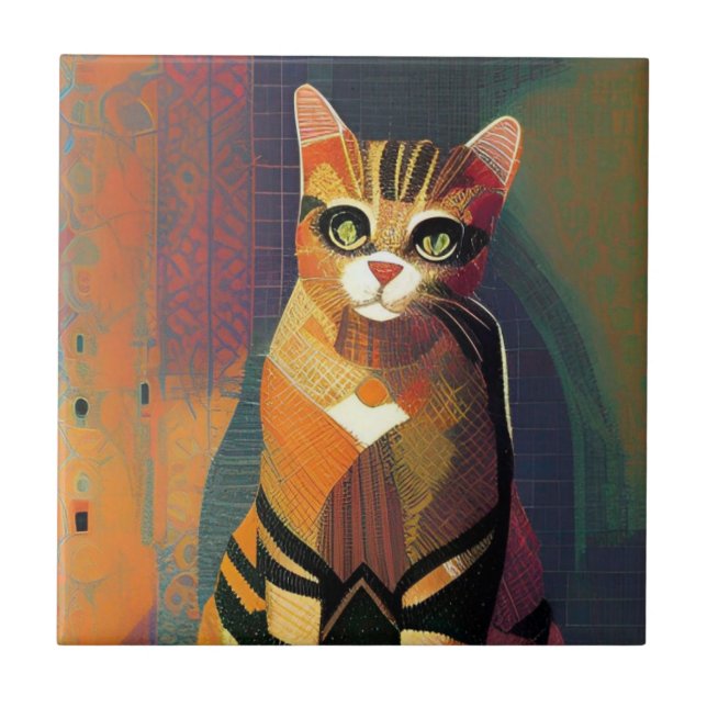Cat moroccan mosaic abstract art portrait kitty  ceramic tile (Front)