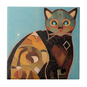 Cat moroccan mosaic abstract art teal kitty voices ceramic tile