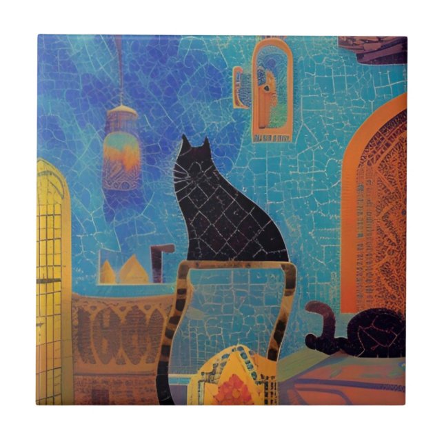 Cat moroccan mosaic colourful abstract art kitty  ceramic tile (Front)