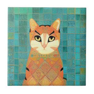 Cat moroccan mosaic ginger on turquoise background ceramic tile