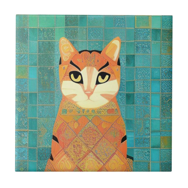 Cat moroccan mosaic ginger on turquoise background ceramic tile (Front)