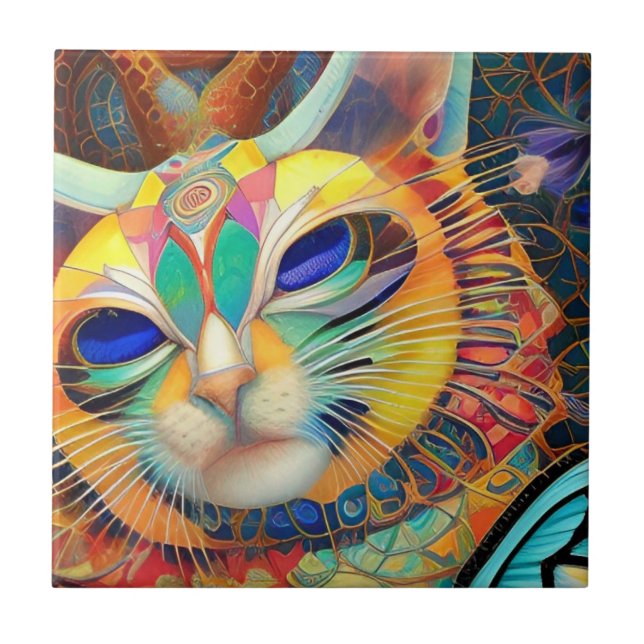Cat mosaic colourful abstract kitty voices ceramic tile (Front)