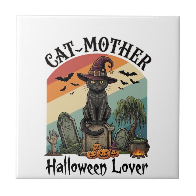 Cat Mother Halloween Lover Black Witch Hat Pumpkin Ceramic Tile (Front)