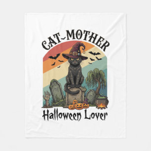 Cat Mother Halloween Lover Black Witch Hat Pumpkin Fleece Blanket