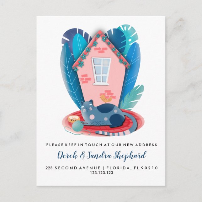 Cat moving house animal theme announcement postcard (Front)