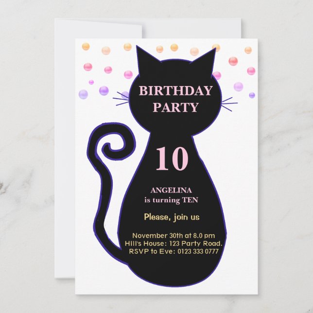Cat & Multicolored Confetti Birthday Invitation (Front)