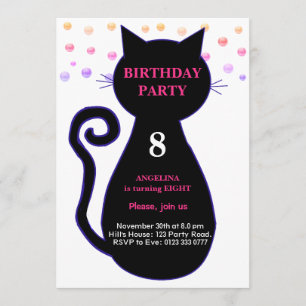 Cat & Multicolored Confetti Birthday Invitation
