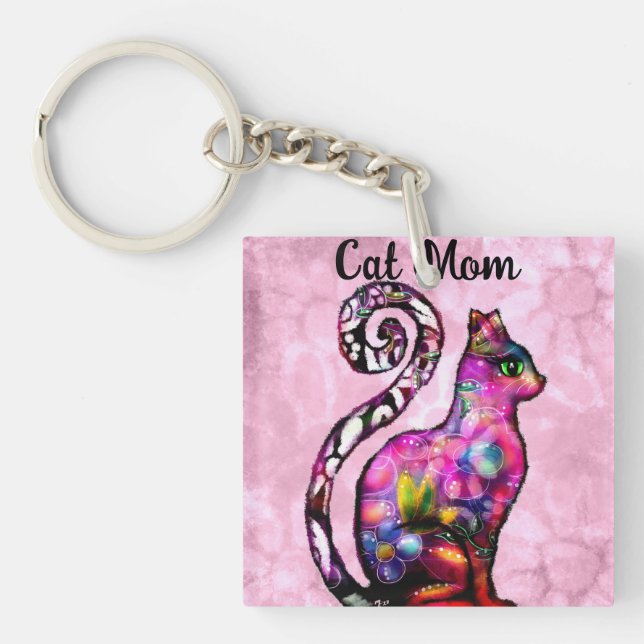 Cat Mum Abstract Whimsical Cat Kitty Art Key Ring (Front)