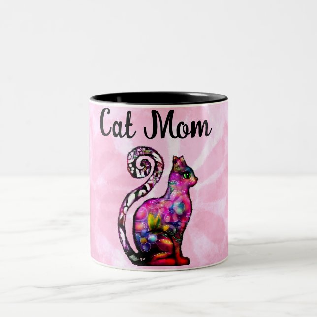 Cat Mum Abstract Whimsical Cat Kitty Art Two-Tone Coffee Mug (Center)