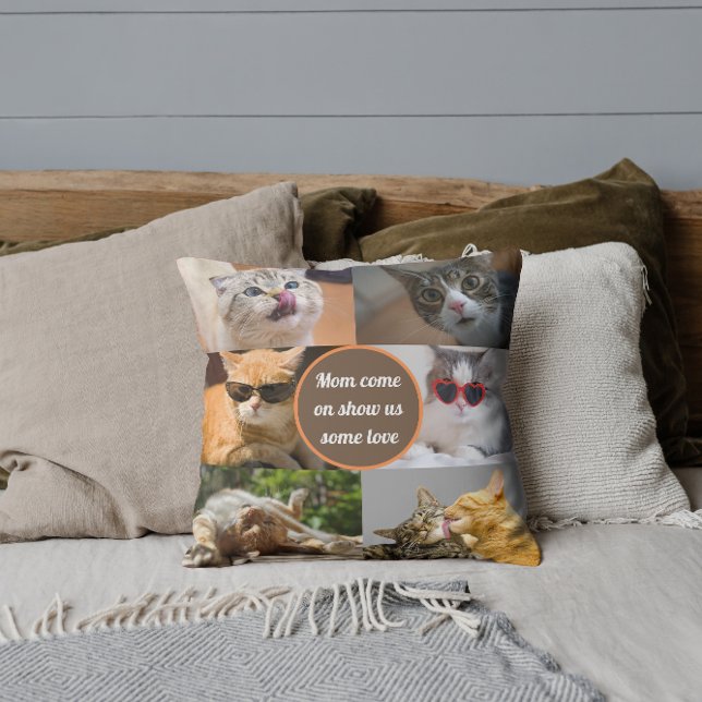 Cat Mum Cute Modern Personalised Pet Photo Collage Cushion (Creator Uploaded)