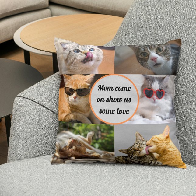 Cat Mum Cute Modern Personalised Pet Photo Collage Cushion (Creator Uploaded)