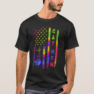 Cat Mum Heartbeat Tie Dye American Us Flag For Mot T-Shirt